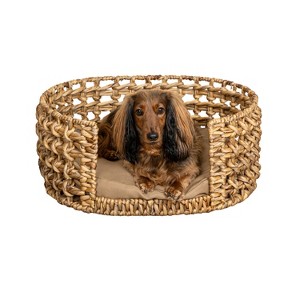 THE LICKER STORE Gigi Modern Bohemian Handwoven Hyacinth Open-Weave Oval Pet Bed with Machine-Washable Cushion - 1 of 4