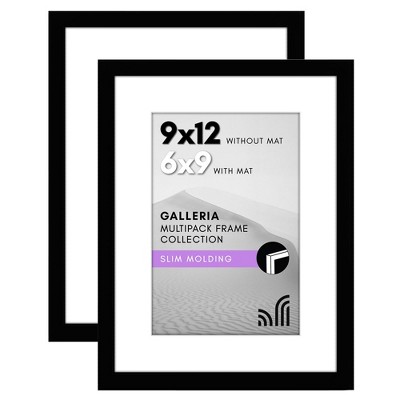Americanflat 9x12 Picture Frame with Polished Plexiglass - Set of 2 - Use as 6x9 Frame with Mat or 9x12 Frame Without Mat, Galleria Collection - Black