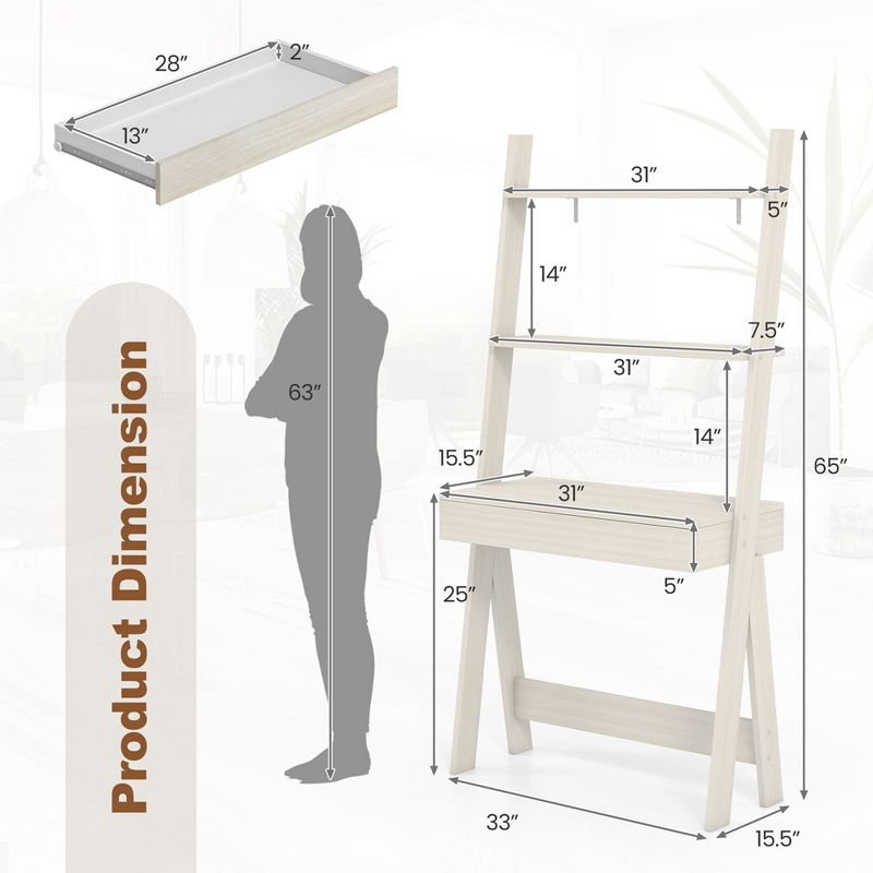 Costway Ladder Shelf Desk Bookcase w/Countertop, Drawer & 2 Shelves Bookshelf Walnut\Grey\Natural\Oak, 3 of 11