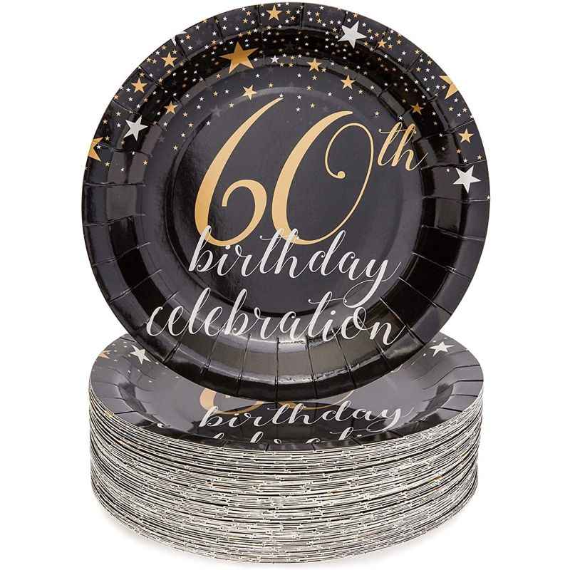 Sparkle and Bash 80-Pack 60th Birthday Disposable Paper Plates 9" Black Party Supplies, 1 of 6