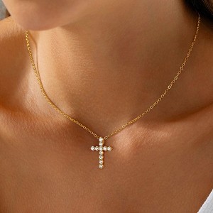 Turandoss Dainty Gold Cross Necklaces for Women Trendy, Diamond Necklace Hypoallergenic, Gold Jewelry for Women, Birthday Gifts for Her, 16+2.5in Gold - 1 of 4