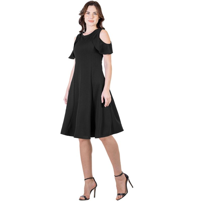 24seven Comfort Apparel Ruffle Cold Shoulder A Line Knee Length Dress, 2 of 7