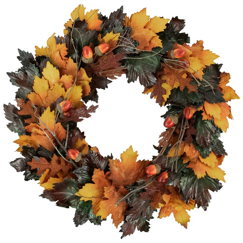Northlight 20" Autumn Harvest Leaves and Twigs Artificial Thanksgiving Wreath - Green/Brown, 1 of 6