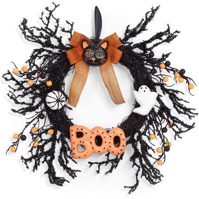 Halloween Front Door Wreath, Black Cat with Bow, BOO Sign, Ghost, Door Hanger Wreath