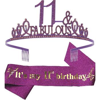 EBE EmmasbyEmma 11th Birthday Sash and Tiara for Girls - Fabulous Glitter Sash + Fabulous Rhinestone Purple Premium Metal Tiara for Girls