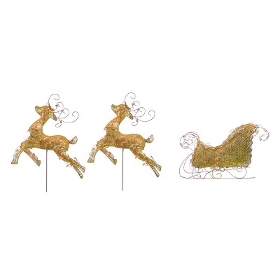 Northlight 3-Piece Gold Lighted 3-D Glitter Reindeer and Sleigh Christmas Yard Art Decor Set 48"