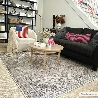 Barny Ivory and Slate Blue Washable Polyester Rectangle Area Rug
