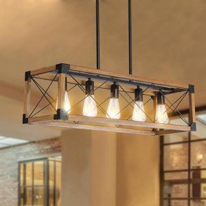 Kitchen Island 5-Light Industrial Farmhouse Chandelier, Black Walnut Wood Pendant Light for Kitchen Island, Dining Room, E26 Base, Adjustable Height - 1 of 4