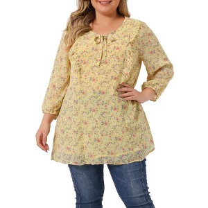 Agnes Orinda Women's Plus Size Chiffon 3/4 Sleeve Round Neck Floral Tie Neck Blouses - 1 of 4