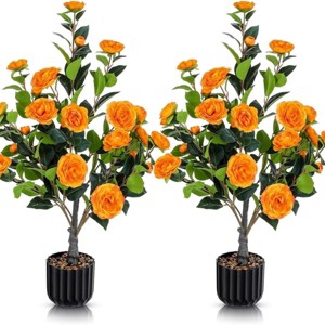 SEVOBAL Artificial Plants 36" Camellia Tree Set with Vibrant Orange Flowers and Lush Greenery for Indoor Outdoor Decor, Orange, 33.49"*6.7"*7.09" - 1 of 4