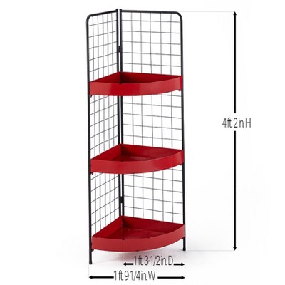 Red 3-Tier Metal Corner Shelf with Wire Back