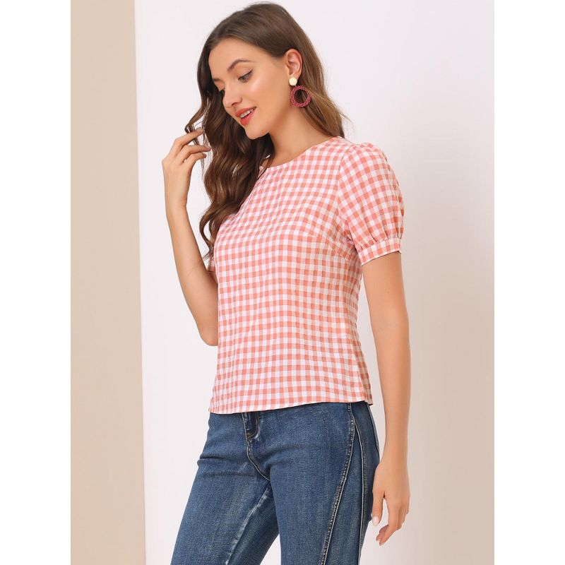 Allegra K Women's Vintage Crew Neck Puff Sleeve Casual Plaid Gingham Blouse, 4 of 7