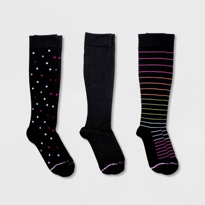 Dr. Motion Women's Mild Compression 3pk Knee High Socks - Black Dot/Stripes