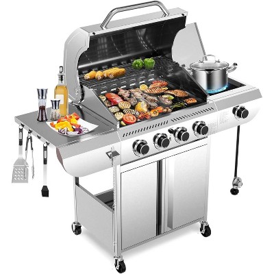 R.W.FLAME 4-Burner Propane Gas Grill with Side Burner, 42,000 BTU Stainless Steel BBQ Grill for Outdoor Cooking, with Cast Iron Grates, Baking Pan