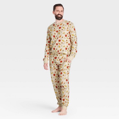 Men's Fall Leaf Print Matching Family Pajama Set - Oatmeal S