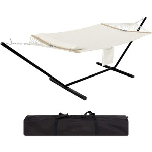 Hammock with Stand, Heavy Duty Portable Steel Frame Hammocks with Quilted Fabric, Outdoor Patio/Camping Hammock with Pillow and Carrying Bag - 1 of 4