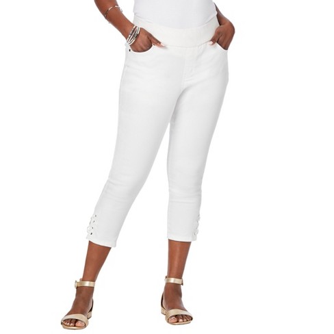 Jessica London Women's Plus Size Comfort Waist Lace-up Capri, 16 W - White  : Target