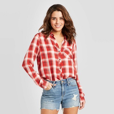 womens red long sleeve button up shirt