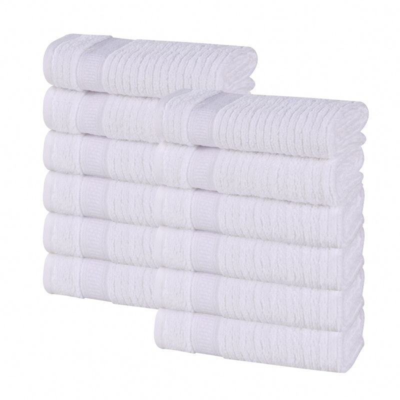 Zero Twist Cotton Ribbed Modern Geometric Border Face Towel Washcloth Set of 12 by Blue Nile Mills, 1 of 9