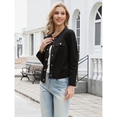 INSPIRE CHIC Women's Faux Suede Crew Neck Long Sleeve Button Down Vintage Casual Cropped Jackets Small Black — фото 4