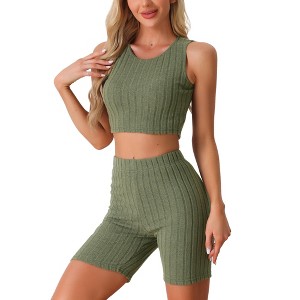 cheibear Women's Summer Sleeveless Ribbed Knit Tank Top with Jogger Biker Shorts Pajamas - 1 of 4