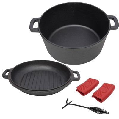 VisioGear 3-In-1 Outdoor Oven, 5 Quart Dutch Ovens with 2pcs Handel Covers, and Lid Lifter, Black, 12.5"*10.2"*6.2"