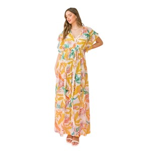 Slickblue Lightweight Woven Maxi Cover Up for Women, Printed Design with Empire Tie and Ruffled Sleeves, Size S-L - 1 of 4