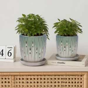 Wooakway 7" Dia Outdoor Indoor Ceramic Planter Pot Decorative Planter with Drainage Hole Patio Flower Pot - 1 of 4