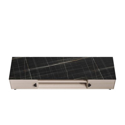 Haley 70.9" White and Black Marble TV Stand with Cabinet
