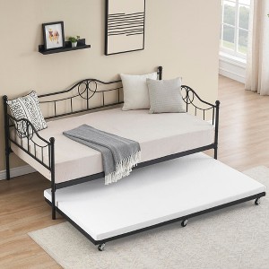 Twin Daybed with Trundle, Metal Sofa Bed Frame with Backrest and Lockable Wheels, Sturdy Steel Slats, Art Headboard, for Living Room Bedroom - 1 of 4
