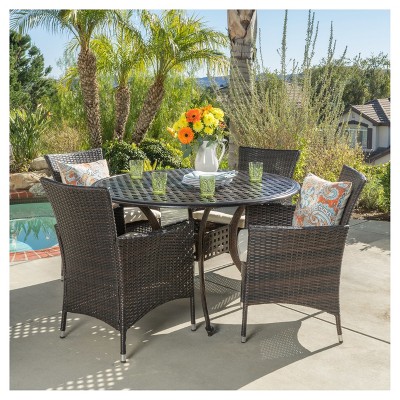 Elk 5pc Round Metal Patio Dining Set w/ All-Weather Wicker Chairs - Shiny Copper/Brown - Christopher Knight Home