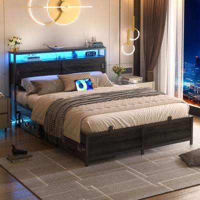 Aheaplus Storage Bed with Sliding Doors, LED Lights & USB Charging Station