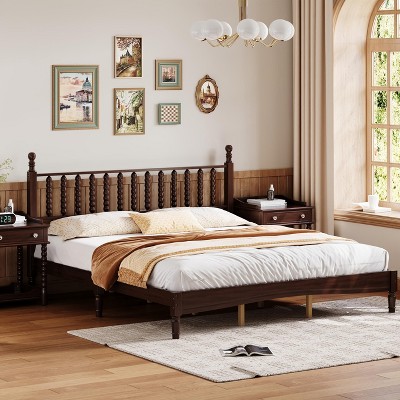 Sapphtopaz Retro Bed Frame with Gourd Shaped Headboard Design Wooden Platform Bed with Slat Support for Bedroom,No Box Spring Needed