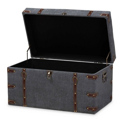 Palma Gray Fabric Upholstered Storage Trunk Ottoman with Brass Accents