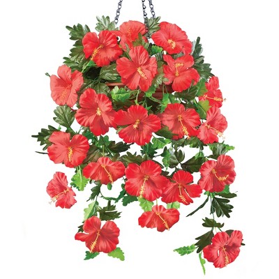 Red Artificial Hibiscus Hanging Bush Set for Outdoor Summer Decor