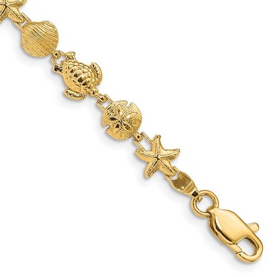 Black Bow Jewelry 14k Yellow Gold Turtle, Starfish and Shell Beach Bracelet - 7 Inch