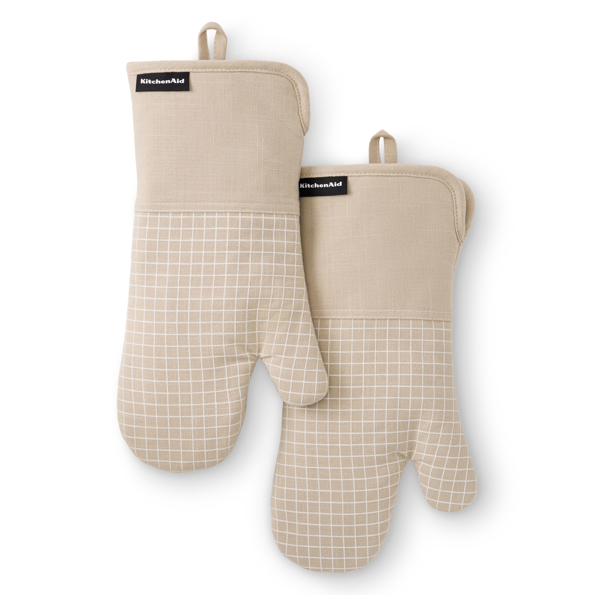 KitchenAid Gridlines Oven Mitts 2-Pack, Soft Silicone Grip and Magnetic Cuff, Milkshake Tan