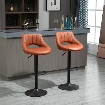 Adjustable Swivel Barstool in Brown Leather with Metal Base