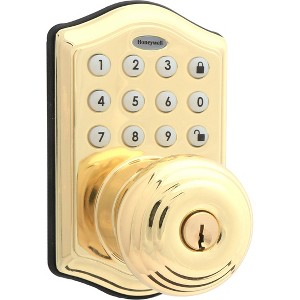 Honeywell Electronic Entry Knob Door Lock- Polished Brass: Keyed Entry, Steel & Plastic, Electric, Includes 2 Keys, Gold - 1 of 3