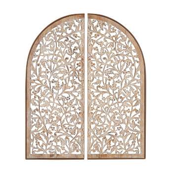 Set of 2 Wooden Floral Handmade Arched Wall Decors with Intricate Carvings Brown - Olivia & May