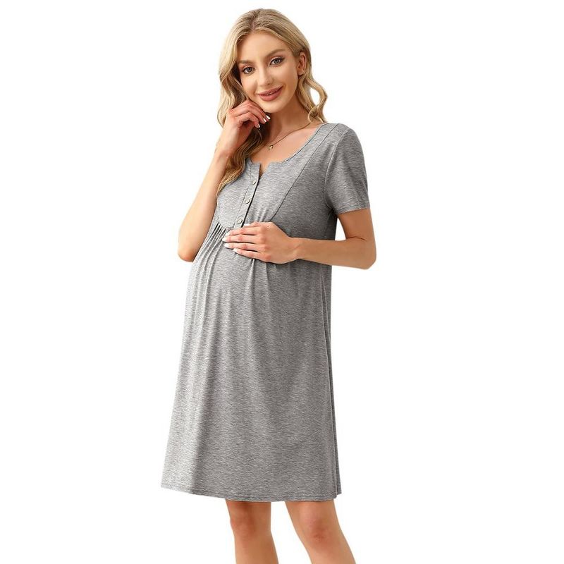 WhizMax Womens Maternity Dress Short Sleeve Midi Summer Dresses Nursing Casual Solid Color Button Down Breastfeeding Dress, 1 of 6