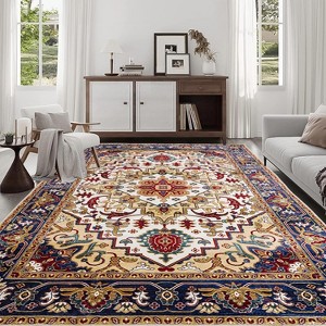 Area Rug Vintage Bohemia Large Persian Non-slip Washable Rug For Living Room Kitchen Bedroom Living Room Flower Design Blue/Gold - 1 of 4