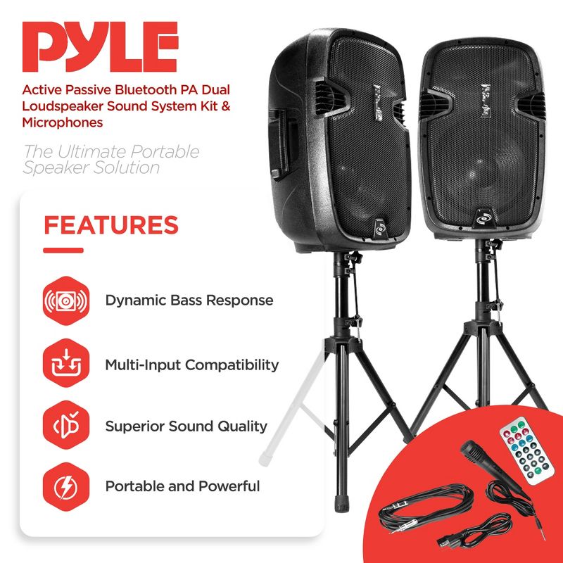 Pyle 12 Inch Active Passive Portable Bluetooth Wireless PA Dual Loudspeaker Sound System Kit with Wired Microphones, Speaker Stand, and Remote Control, 2 of 7