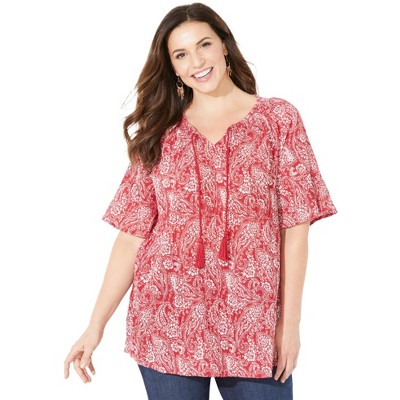 Catherines Women's Plus Size Seasonless Gauze Peasant Top - 2x, Red ...