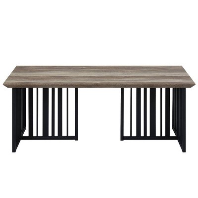 47" Antique Oak and Black Metal Rectangular Coffee Table