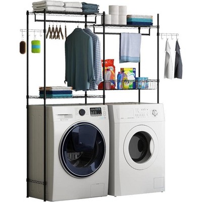 57.4" W Over Washer and Dryer Shelves,2 Tier Adjustable Height Wire Shelving and Wire Basket with Hanger Rod&Hook,Space Saving Shelf