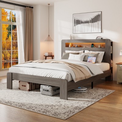 FURNIinspire Beds Modern Queen Bed Frame, Wood Platform Bed with Simple Headboard, Noise Free, No Box Spring Needed, Grey, 86.5"*60"*40.3"