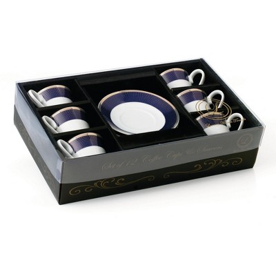 Elegant Blue and Gold Ceramic Espresso Cup and Saucer Set