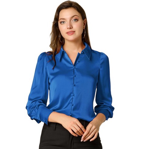 Allegra K Women's Satin Puff Sleeve Point Collar Vintage Button Up ...