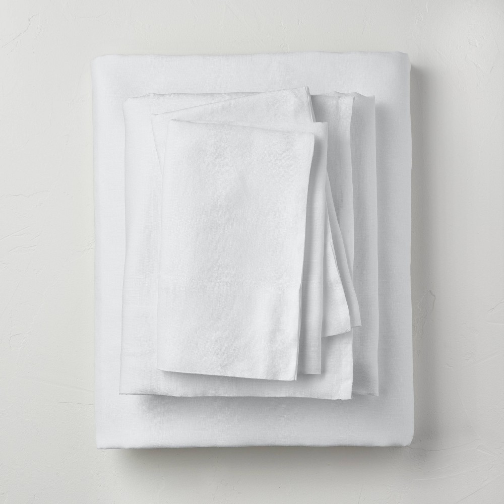 Full 100% Washed Linen Solid Sheet Set White - Casaluna